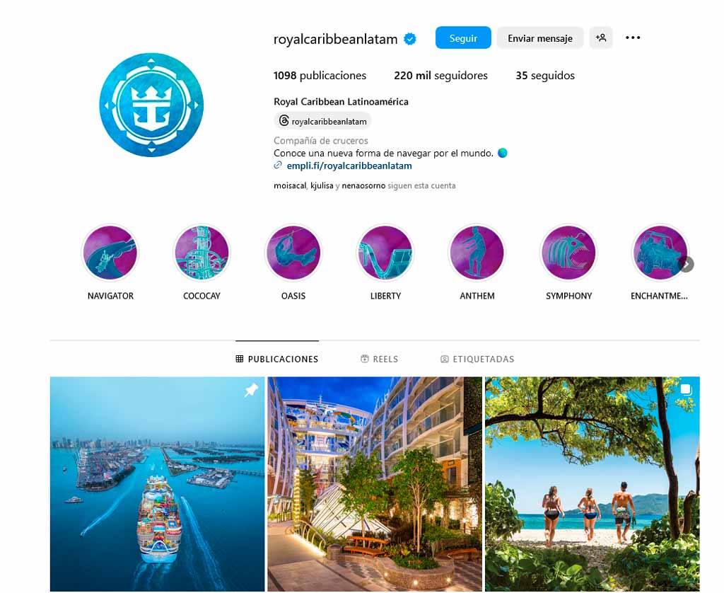 Diseño de feed de instagram de la marca Royal Caribbean